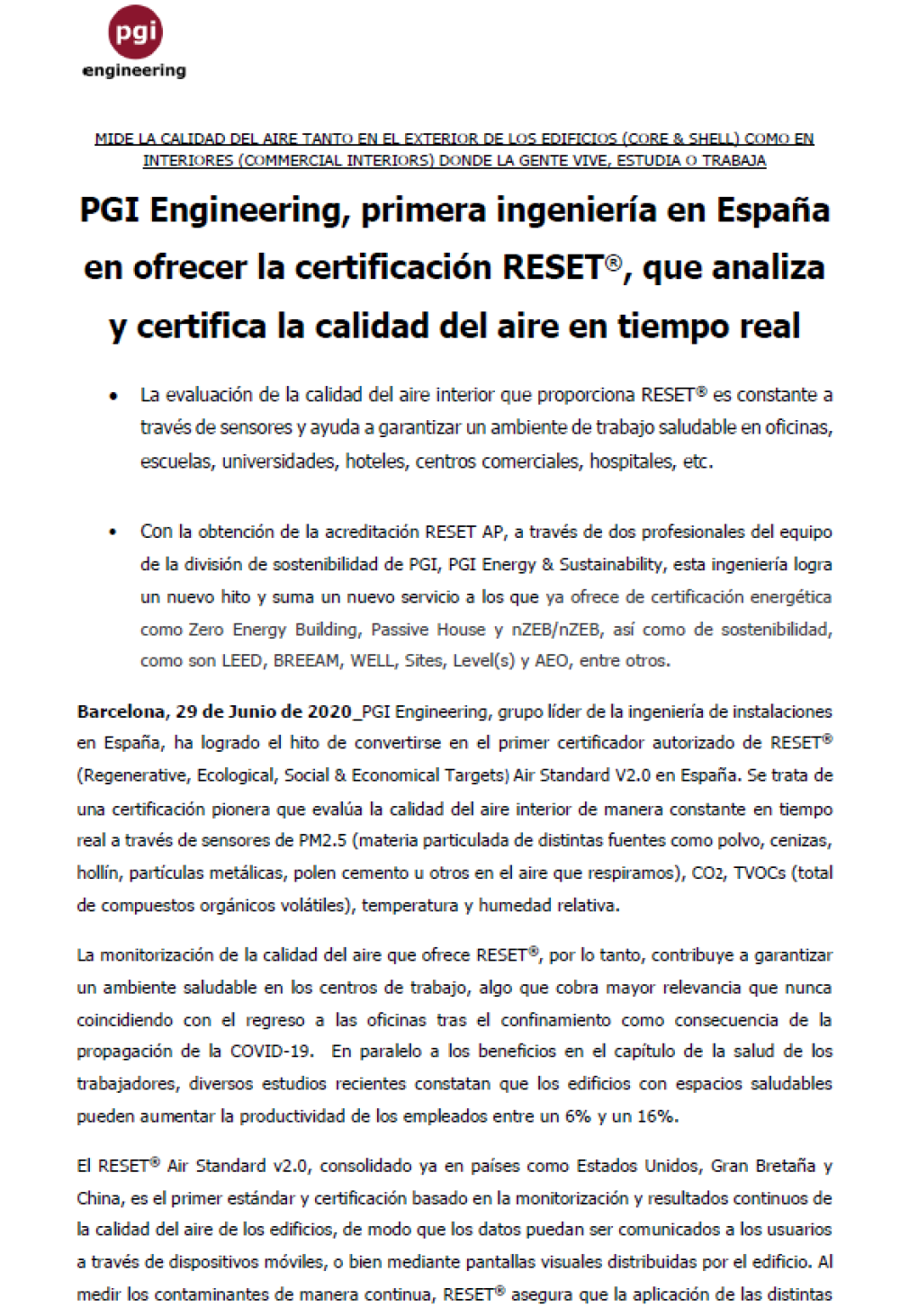 PGI Engineering, first engineering company in Spain to offer RESET® certification, which analyses and certifies air quality in real time
